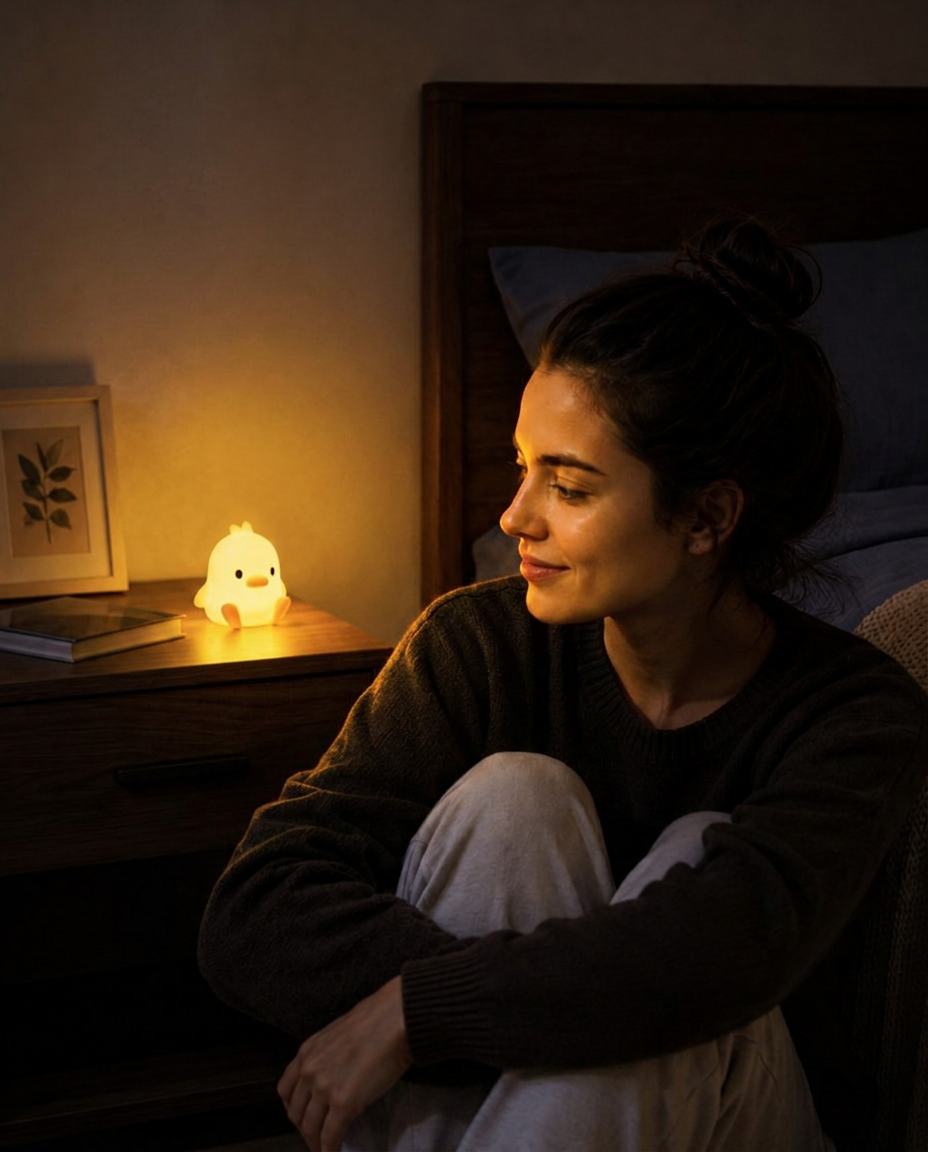 The same bedside table glowing warmly with a Glow Buddy