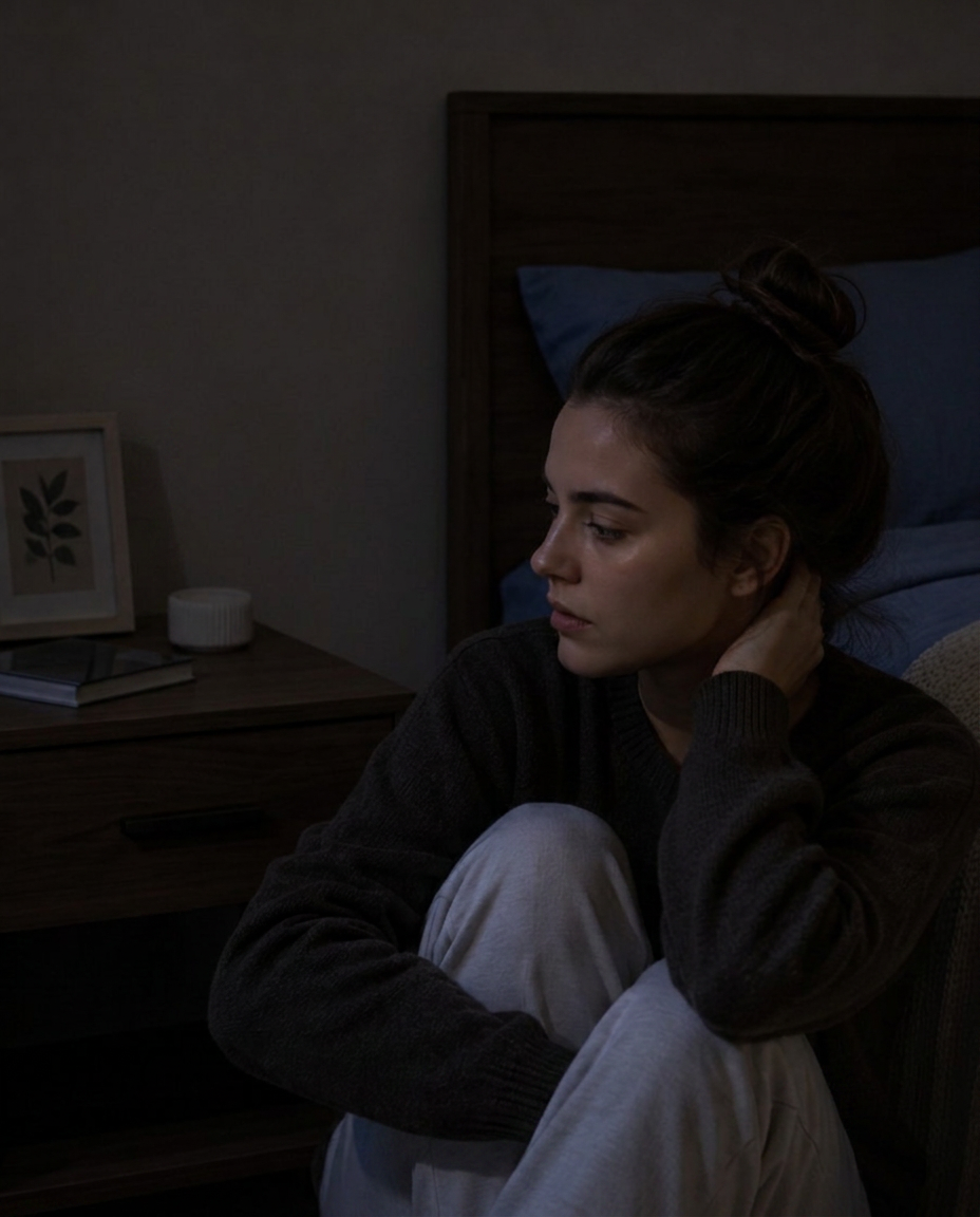 A plain, dim bedside table at night